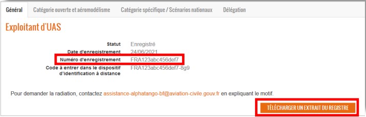 numero enregistrment exploitant UAS