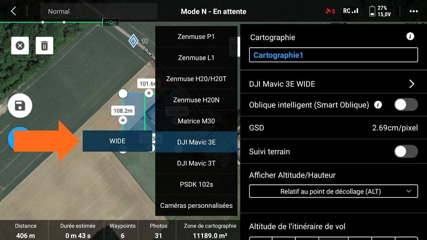 WIDE DJI Mavic 3E dans DJI PILOT 2 