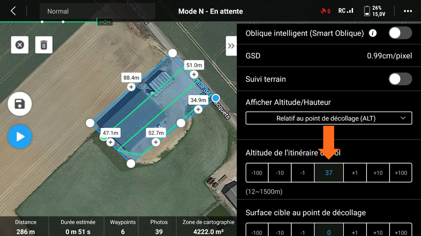  DJI Mavic 3E altitude de l'itinéraire de vol 37 dans DJI PILOT 2 